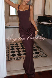 Larrah Square Neck Back Lace-up Satin Drape Hem Maxi Dress