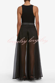 Avant-garde Fashion Denim Flowing Organza Patchwork Pocketed Wide Leg Jeans