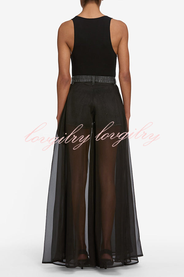 Avant-garde Fashion Denim Flowing Organza Patchwork Pocketed Wide Leg Jeans