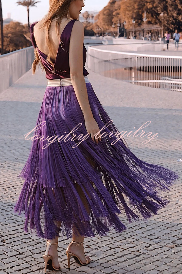 Elegant Tassel Hem Elastic Waist Casual Maxi Skirt