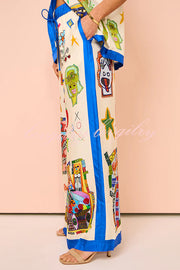 Vibrant Beach Satin Unique Print Colorblock Trim Elastic Waist Pocket Wide Leg Pants