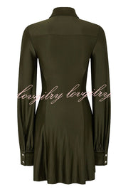 Marvis Button-embellished Long Sleeve Asymmetrical Drape Shirt Midi Dress