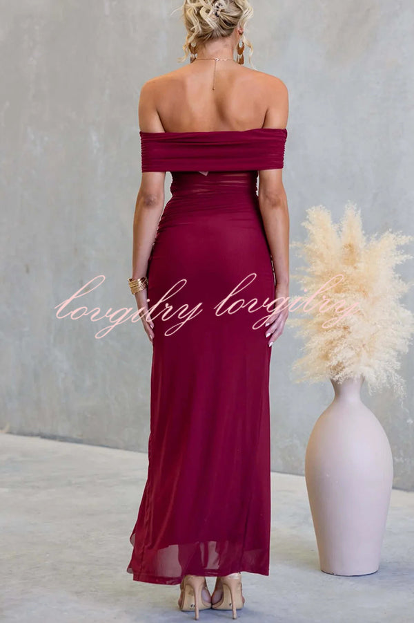 Sexy Mesh Off-shoulder Slim Fit Ruffled Slit Maxi Dress