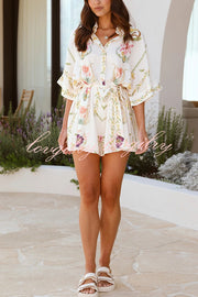 Plant Print Lapel Half Sleeve Tie Waist Loose Rompers