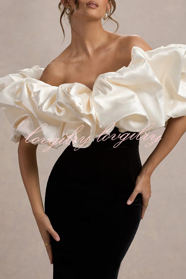 Cecily Velvet Off Shoulder Satin Structured Bardot Neck Stretch Maxi Dress