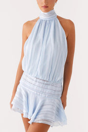 Fashion Halterneck Tie Pleated Sexy Backless Mini Dress