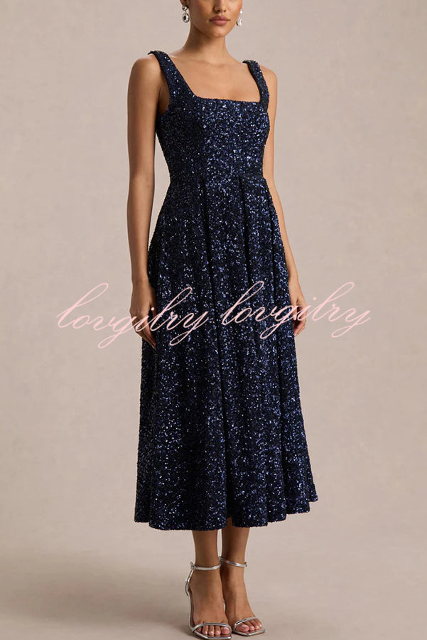 Effortless Sparkle Sequin Square Neck Wide Strap A-Line Midi Dress
