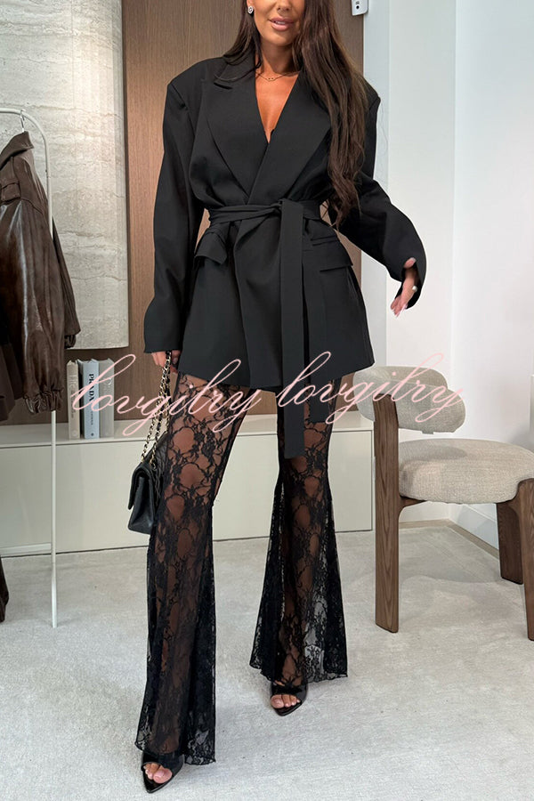 Chic Moment Lapel Long Sleeve Belt Pocketed Oversized Blazer