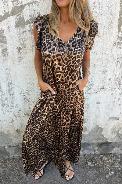 Leopard Print V-neck Backless Lace-up Loose Pocket Wide-leg Jumpsuit