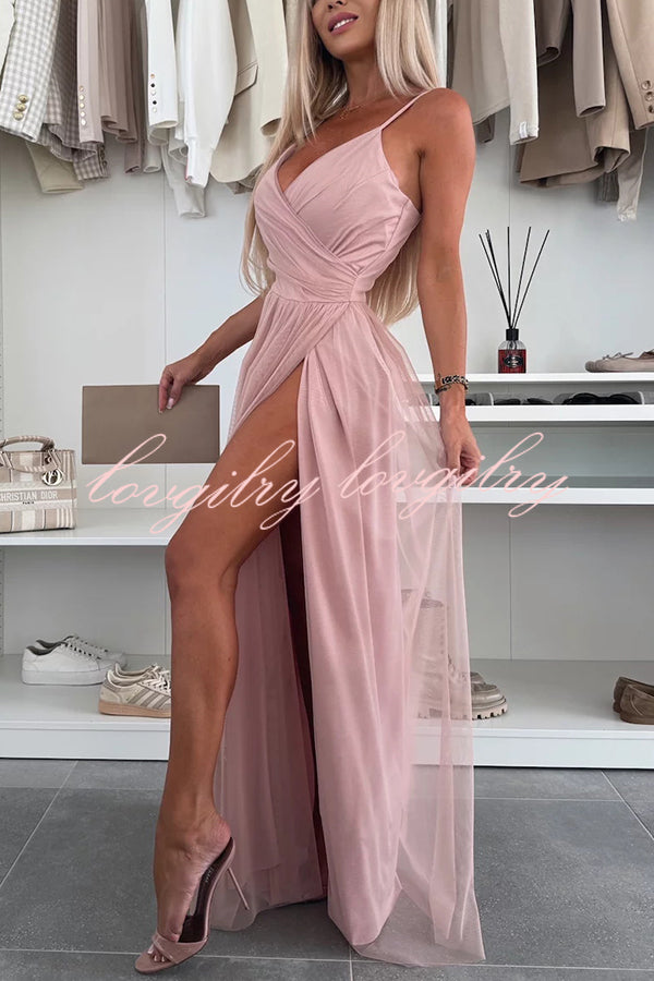 Solid Color Tulle Halter Back High Slit Maxi Dress