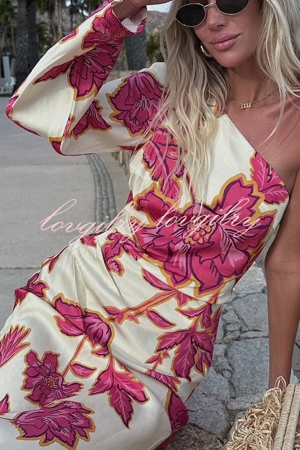 Rhia Satin Floral Print One Shoulder Flared Maxi Dress