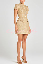 Gold Standard Tweed Fabric Pearl Button Short Sleeve Pocketed Mini Dress