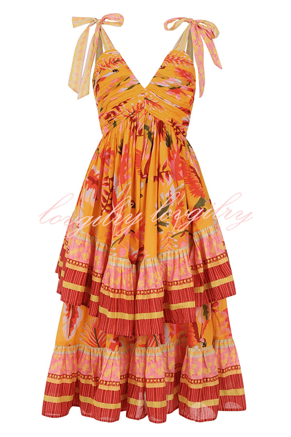 Tropical Sunset Unique Print Pleated Tie-up Straps Tiered Midi Dress