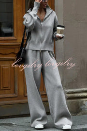 Effortlessly Stylish Ribbed Zipper High Neck Sweatshirt and Elastic Waist Pocketed Loose Pants Set