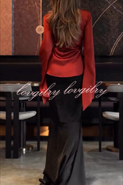 Jenny Satin Button Front Center Cross Straps Long Bell Sleeve Shirt