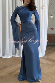 Liora Ruched Organza and Satin Patchwork Design Long Bell Slit Sleeve Maxi Dress