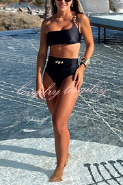 Solid Color One-shoulder High Waist Stretch Bikini Swimsuit