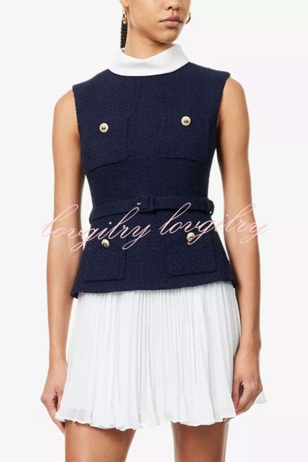 Sporty Elegance Tweed Metal Button Belted Pleated Hem Mini Dress