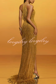 Glimmer Hour Shiny Layered Tassels Halter Cutout Neck Split Maxi Dress