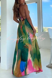 Andie Splash Ink Printed Cutout Back Tie-up Slit Vacation Maxi Dress