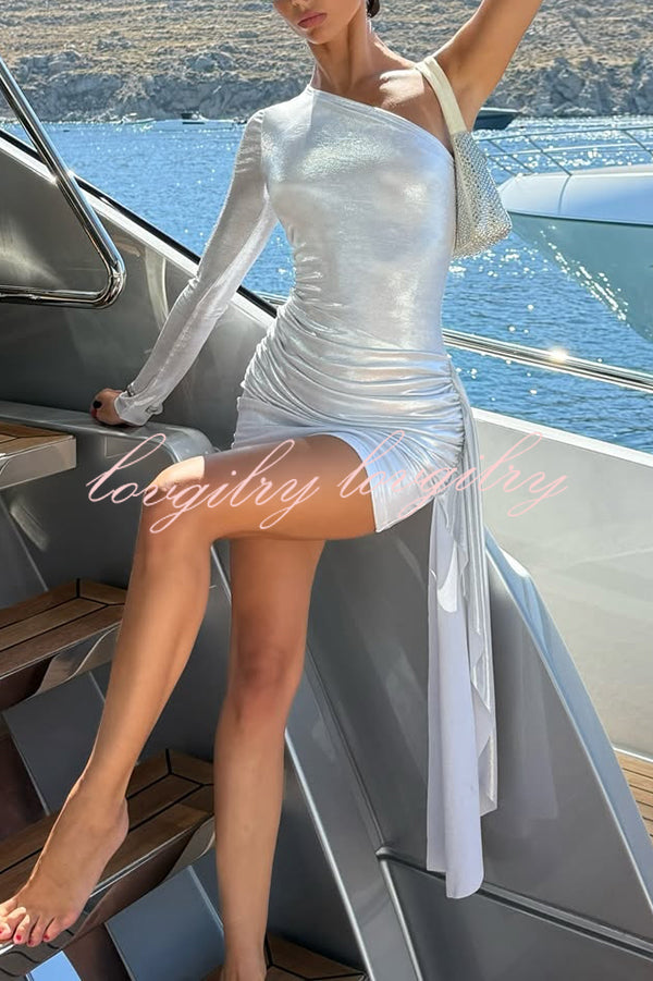 Sexy Asymmetric One-sleeve Pleated Stretch Slim Mini Dress