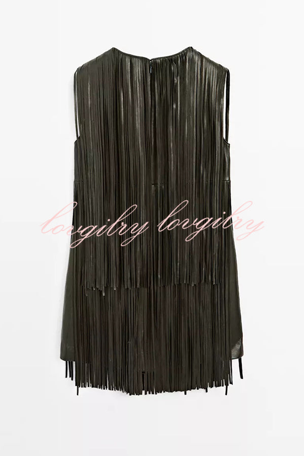 Modern Times Faux Leather Layered Tassel Design Sleeveless H-line Mini Dress