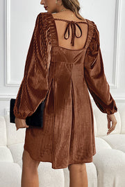 Solid Color Velvet Square Neck Long Sleeve Pocket Casual Mini Dress