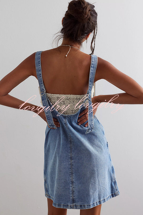 Solid Color Sleeveless V-neck Pocket Adjustable Denim Suspender Mini Dress