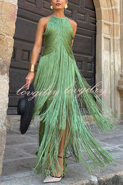 Fashion Sleeveless Halter Neck Elegant Tassel Slim Maxi Dress