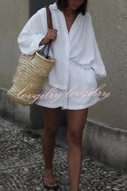Solid Color Lapel Long Sleeve Loose Shirt and Elastic Waist Casual Pocket Shorts Set