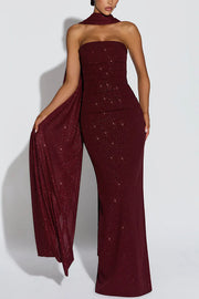 Pandra Glittery Crepe Fabric Off Shoulder Ruched Slit Cape Maxi Dress