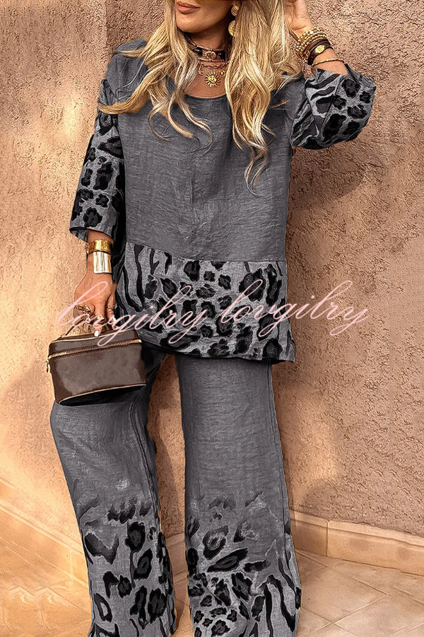 Leopard Print Crew Neck Loose Top and Elastic Waist Casual Wide-leg Pants Set