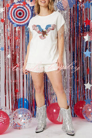 Extraordinary American Eagle Print Rhinestone Tassel Short Sleeve T-Shirt