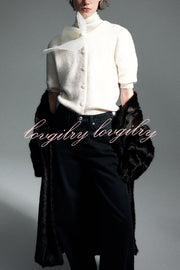 Cozy Sweet Darling Knit Sheer Organza Bow Neck Short Puff Sleeve Button Cardigan