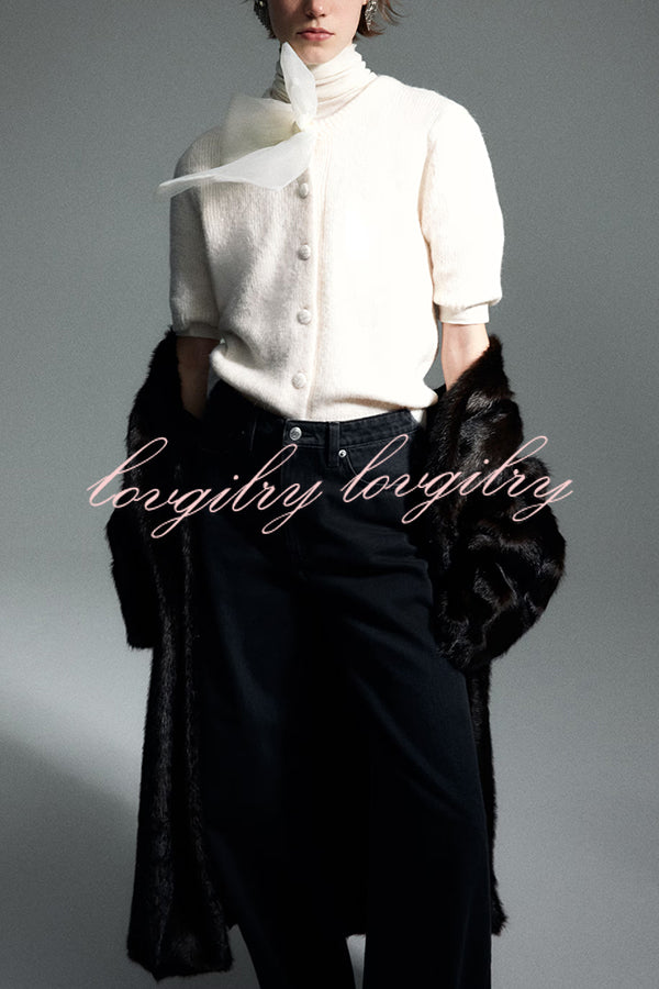 Cozy Sweet Darling Knit Sheer Organza Bow Neck Short Puff Sleeve Button Cardigan