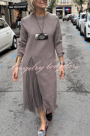 Jollie Knit Long Sleeve Front Slit Midi Sweater and Pleated Tulle Stretch Tank Midi Dress Two-piece Set