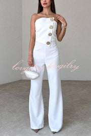 Solid Color Sexy Tube Top Gold Button Embellished Bootcut Jumpsuit