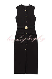 Danina Button Up Sleeveless Metal Belted Pocket Stretch Midi Dress