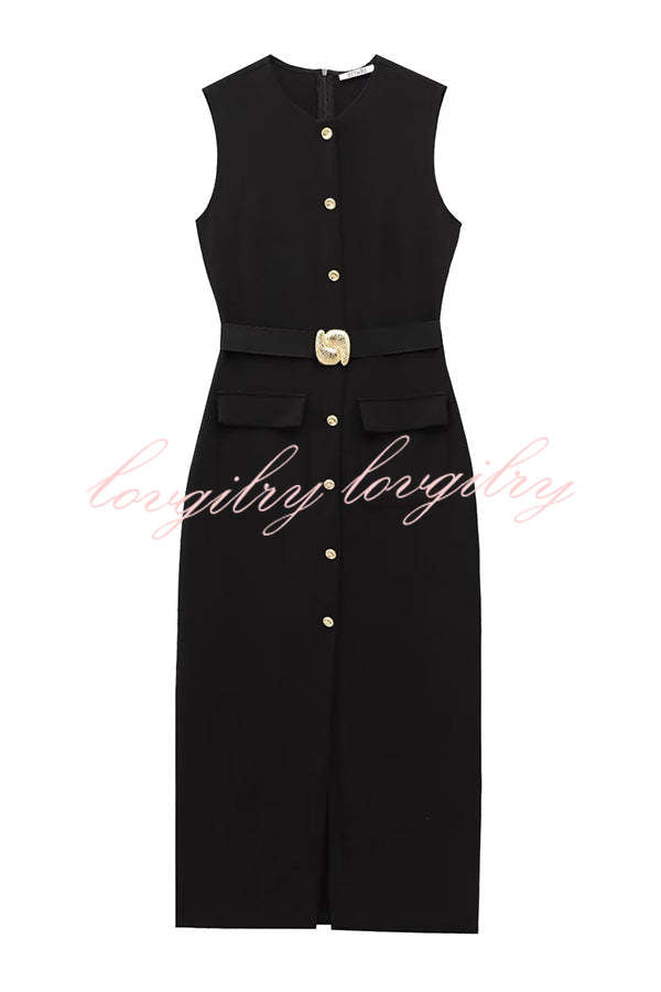 Danina Button Up Sleeveless Metal Belted Pocket Stretch Midi Dress
