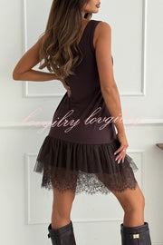 Breezy City Tulle Lace Tiered Hem Stretch Tank Mini Dress