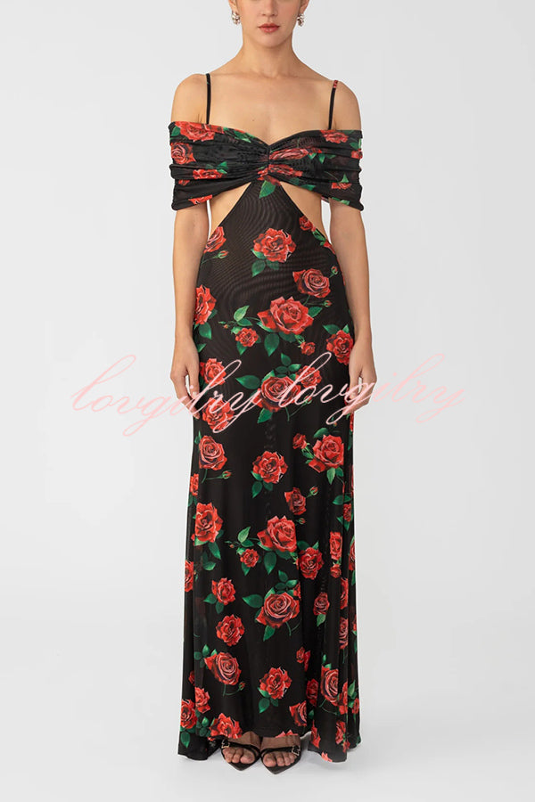 Rose Print Sexy Strapless Backless Slim Maxi Dress