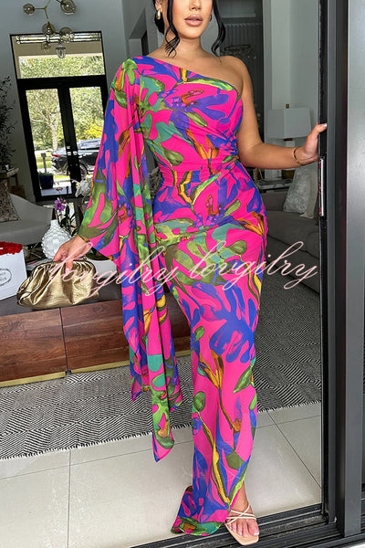 Colorful Printed One-sleeve Slim-fitting Slit Maxi Dress