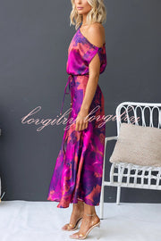 Winona Satin Floral Print One Shoulder Balloon Sleeve Tie-up Maxi Dress