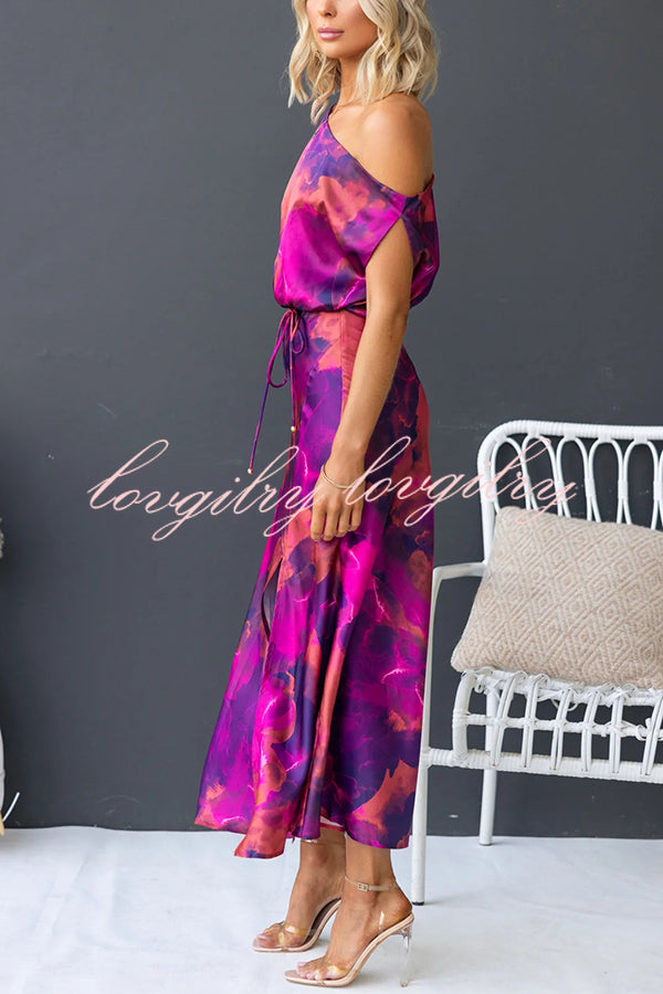 Winona Satin Floral Print One Shoulder Balloon Sleeve Tie-up Maxi Dress