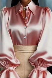 Solid Color Satin Puff Sleeve Casual Button-down Shirt