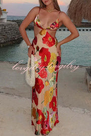 Hawaiian Dreams Satin Floral Print Cutout Backless Maxi Dress