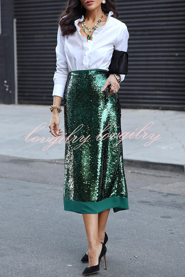 Shimmer Scene Sequin Patchwork Hem High Rise Slit Pencil Midi Skirt