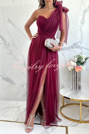 Feeling Galm Tulle Knotted One Shoulder Pleated Slit Maxi Dress