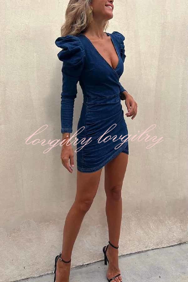 All The Best Denim Puff Sleeve Ruched Stretch Mini Dress