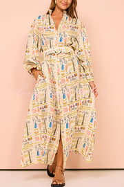 Country Cutie Unique Print Long Sleeve Belted Pocket Shirt Maxi Dress